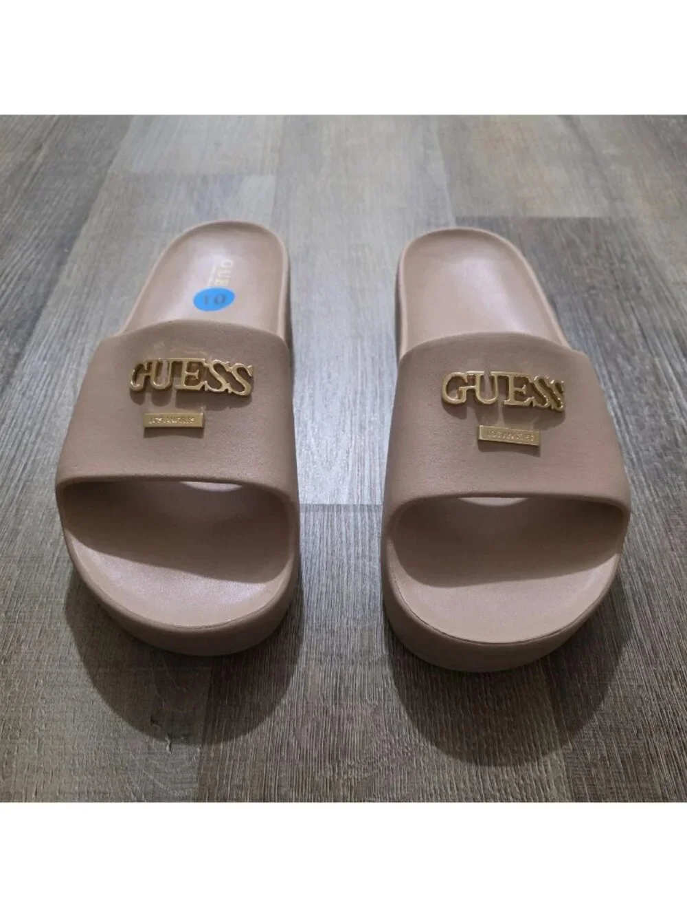 GUESS Women's Platform Slide Sandals Beige Nude Gold Logo Slip-On Casual Size 10